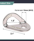 Heavy Duty Stainless Steel Climbing Bolt Hanger, Rock Solid 25Kn Anchor Hardware For Rappelling And Crag Setup, Fits M10 Threads, Two Piece Gear Kit For Weekend Warriors with size measurements.