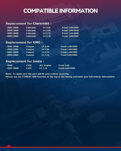 Compatibility chart for Chevy Colorado, GMC Canyon, and Isuzu i-350, i-370 4WD models for front wheel bearing and hub assembly.