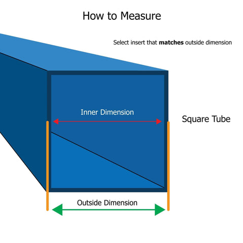 Diagram showing how to measure square tubing dimensions for double star threaded caster inserts