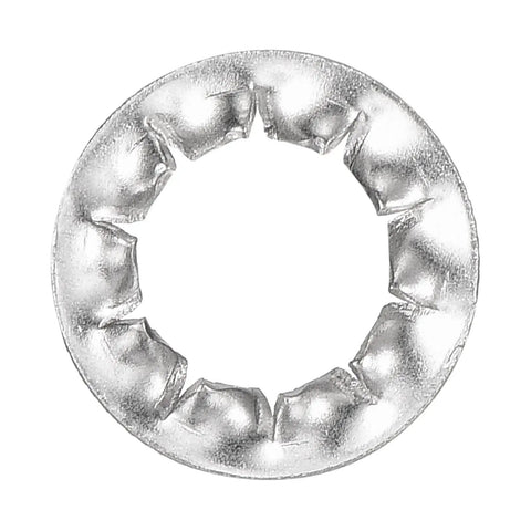 Top Shelf M8 Internal Tooth Lock Washers 20 Piece Box 304 Stainless Steel Serrated Star Nut Fasteners close-up view.