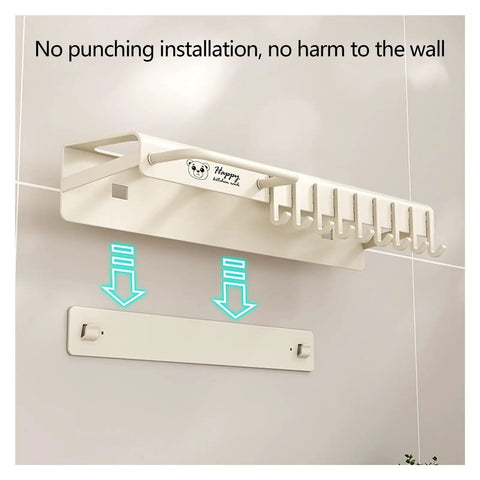 Rock Solid Wall Mounted Storage Rack With No Drill Setup Heavy Duty Carbon Steel Heat Resistant Kitchen Shelf shown in installation process.