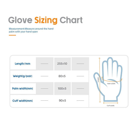 Glove sizing chart for six pairs latex coated palm work gloves with seamless knit lining for superior grip in dry or wet conditions.