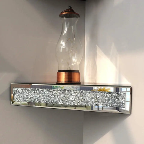 Dope Triangular Floating Corner Shelves Set Of 2 In Silver Mirror Finish With Crushed Diamond Under Glass 11.8 Inch Wall Display