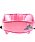 Pink kids car seat head support band with cartoon pattern, adjustable neck pillow and headrest for cozy rides on long trips.