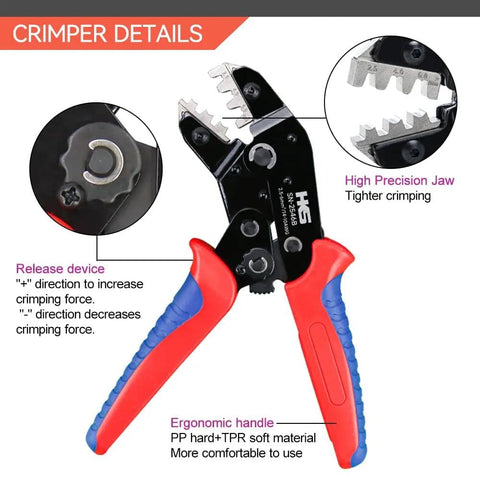 Pro Grade Solar Panel Crimping Tool Kit with crimper showing ergonomic handle and high precision jaw for AWG14-10 cables