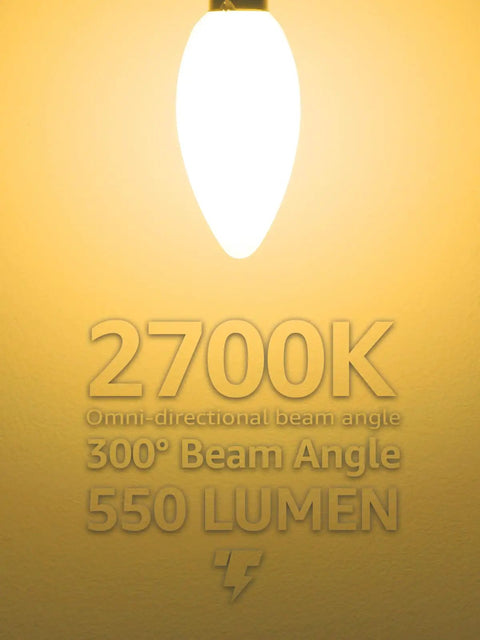 Dimmable E12 LED Filament Candelabra Bulb 60W Equivalent, 550 Lumen, Frosted Glass, 2700K Soft White, text overlay 2700K