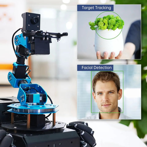 LewanSoul ROS robotic arm with blue chassis and top camera; side view; insets show target tracking and facial detection