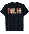 Straight Fire Delhi India Travel Souvenir Shirt Showing Off The Lotus Temple And Hella Cool Auto Rickshaw Scene Classic Fit Lightweight Tee on black t-shirt.