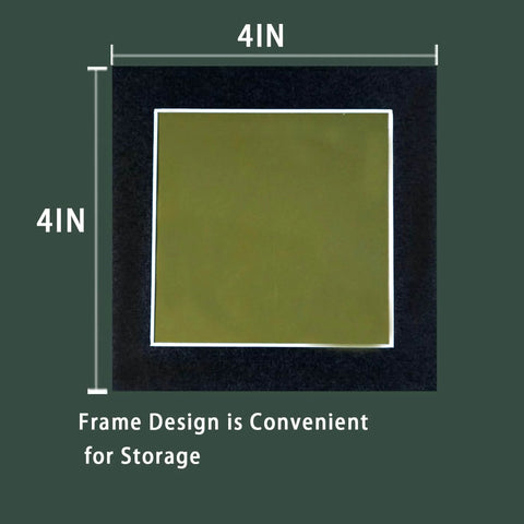 4x4 inch magnetic field viewing film shown in protective frame with dimensions labeled for science projects and classrooms
