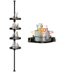 No Sweat Setup 360 Degree Rotating Shower Caddy Tension Pole With Four Tier Rustproof Corner Shelf adjustable black organizer filled with toiletries.