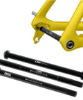 12mm Thru Axle For Bike Fork And Rear Hub Fits Front And Rear Wheels 123mm 142mm 162mm 168mm 171mm 175mm 177mm 181mm With 1.5mm Thread Pitch Front And Rear Wheel Adapter For Mountain And Road Bikes, shown with yellow bike frame and axle set