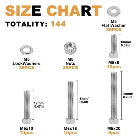 144 Piece Metric Stainless Steel Screw Nut Washer Set For Woodworking And DIY Projects, M5 Hardware Pack With Precise Threads For Smooth Fit, Tough Fasteners For Repairs Builds And Upgrades. size chart showing M5 screws, nuts, washers, and bolt lengths