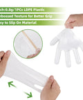 Hands stretching and testing 500 Pack Clear Disposable Gloves for Cleaning and Food Prep, One Size Fits Most, Thick Poly PE
