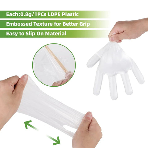 Hands stretching and testing 500 Pack Clear Disposable Gloves for Cleaning and Food Prep, One Size Fits Most, Thick Poly PE