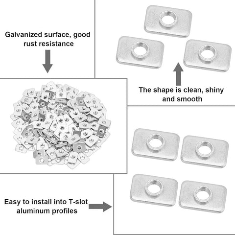 200 Pcs M5 Flat Sliding T Nuts Heavy Duty Carbon Steel Hammer Head T Slots For 2020 Build Rail 3D Printer And CNC Router featuring shiny galvanized surface.
