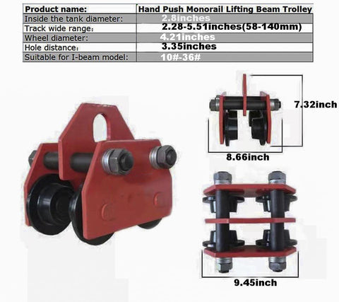 Two Ton Push Trolley Beam Trolley 4400 Lbs Capacity Dual Wheels Crane Lift For Garage Hoist Adjustable Width Rail