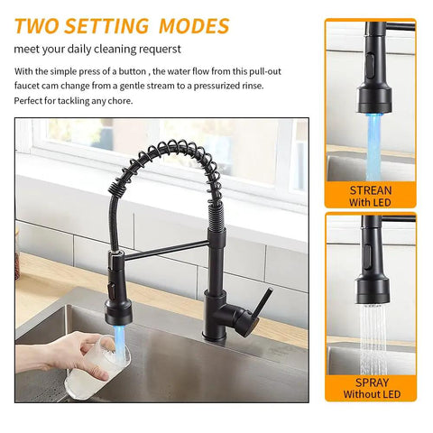 Led Light Kitchen Faucet With Pull Down Sprayer In Matte Black 304 Stainless Steel Industrial Single Handle in use over sink
