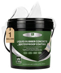 Rock Solid Roof Waterproof Sealant And Liquid Rubber Coating For EPDM Metal Roofs RV Shelters And Concrete Repair With No Sweat Application and Tough As Nails Durability In One Gallon White Bucket, showing a one-gallon black bucket labeled liquid rubber waterproof coating.