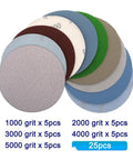 Six Inch Wet Dry Sanding Discs With Hook And Loop Backing Include 5 Different Grits Like 1000 And 2000 Plus 3000,4000,And 5000 For Professional Car Polishing And Grinder Use On A Big Deal, showing various grit pads.