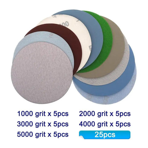 Six Inch Wet Dry Sanding Discs With Hook And Loop Backing Include 5 Different Grits Like 1000 And 2000 Plus 3000,4000,And 5000 For Professional Car Polishing And Grinder Use On A Big Deal, showing various grit pads.