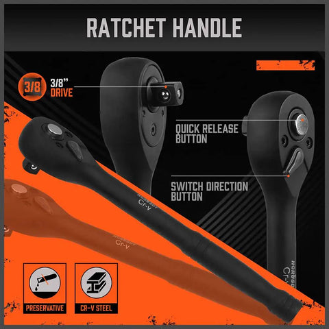 Heavy Duty 50 Piece Three Eighth Inch Drive Impact Socket Set With SAE And Metric Sizes Ratchet handle functions.