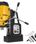 Heavy Duty Magnetic Drill Press 1200W Electric Bench Drilling Machine For Steel Structures With Powerful Copper Motor High RPM Coring Up To 40Mm Portable Benchtop Rig For Engineering And Industrial Use, shown with handle and accessories.