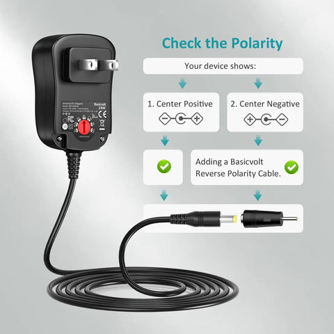 Do It All 24W AC To DC Power Adapter Kit showing polarity options and cable connection with plug details