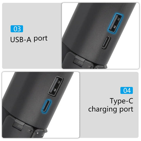 Close-up of USB-A and Type-C ports on Handheld Battery Mount With 10000mAh Power Bank Charger For GoPro Hero 13 12 11 10 And Max 2.
