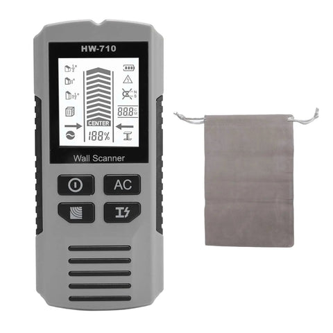 WALFRONT Wall Stud Finder, 3 Scan Modes, Ac Wire Detection displayed with grey carrying pouch and digital screen.