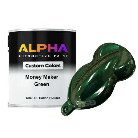 Premium Green Automotive Basecoat Paint Gallon ready to spritz with Money Maker Green color chip for smooth finishes.