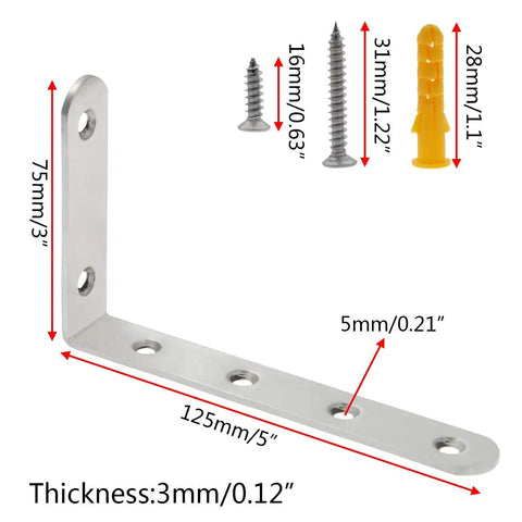 Heavy Duty L Shaped Shelf Brackets Set, Stainless Steel Corner Braces, with screws and expansion pipes, 5 Inch By 3 Inch, Silver