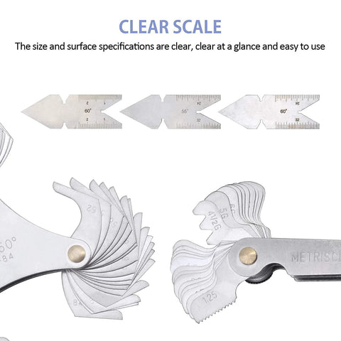 Front view of a 5-piece stainless steel thread pitch gauge set with metric and SAE blades.