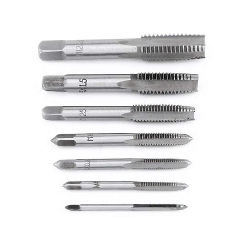 No Sweat Seven Piece Metric Thread Tap Set Featuring Straight Flute Design M3 Through M12 Sizes, showing various tap sizes for clean threading.