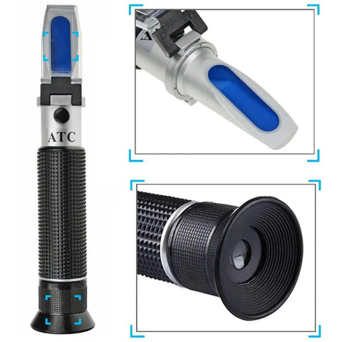 Salinity Refractometer For Seawater And Marine Aquariums With Automatic Temperature Compensation 0-100 PPT Range, close-up angle