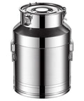 Rock Solid Heavy Duty 304 Stainless Steel Milk Jug Container Zero Hassle Leakproof Tote, 64 Liter drum from a front angle.