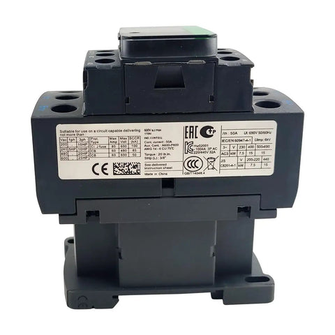Back view of Heavy Duty Non Reversing Contactor 32 Amp Three Pole 120 Volt AC Coil with label and auxiliary contact ports visible