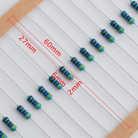 Close-up of 1460-Piece 1/4W 73-Value 1% Metal Film Resistor Kit for Arduino Projects showing resistor size and dimensions.