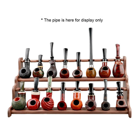 Premium Solid Wood Pipe Stand Featuring 16 Custom Cubbies Double Tier Desktop Tobacco Display Rack with assorted pipes.