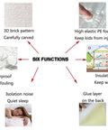 3D Brick Textured Wall Panels With Self Adhesive Foam Waterproof Finish illustration showing six features and benefits.