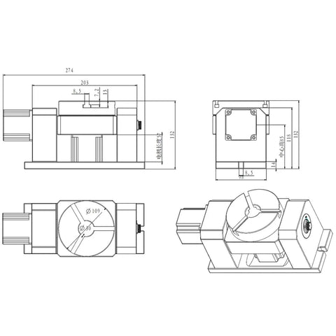 Rock Solid 4th And 5th Axis Rotary Dividing Head With 50 To 1 Harmonic Reducer Gearbox and Motor Hysteresis technical drawing views