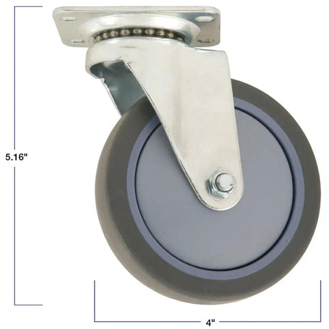 Four Inch TPR Rubber Swivel Caster Wheels Heavy Duty Non Marking Rollers For Office Furniture Carts And Healthcare Stations, grey rubber design.
