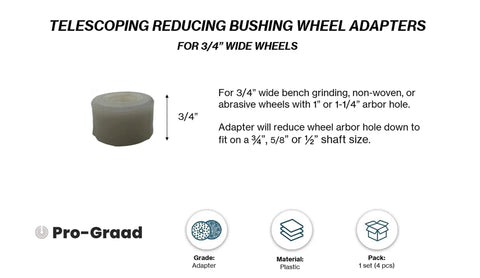 Four Piece Bench Grinder Arbor Adapter Set Reducing Bushings For Half Inch Five Eighths Inch Three Quarter Inch And One Inch Arbor Openings Fits Three Quarter Inch Wide Wheels Works With Nonwoven And Abrasive Wheels Durable Metal Construction. 3/4-inch plastic adapter