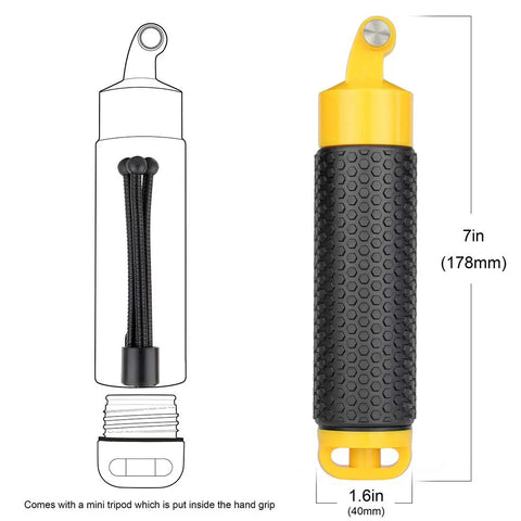 Diagram of Floating Hand Grip With Mini Tripod Stand For Action Cameras Waterproof Pole Mount Underwater Monopod dimensions