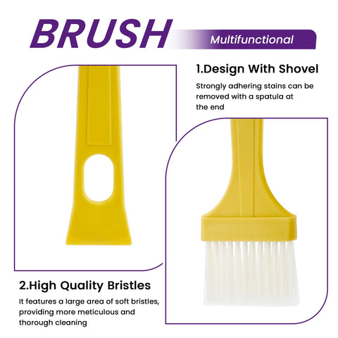 Yellow cleaning brush with shovel design and high-quality bristles, compatible with VF3500 Replacement Filter For Ridgid 3 To 4.5 Gallon Wet Dry Vacuums With 3 Layer Filtration And Cleaning Brush Beefed Up Heavy Duty Shop Ready Compatible WD3050 WD4070 WD4080 WD4522 4000RV 4500RV 1 Pack.