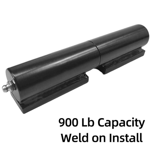 7-inch black steel weld-on gate hinge with two barrels, 900 lb capacity