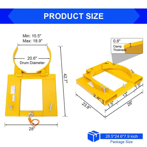 Heavy Duty Dmc Drum Grabber With 1500 Lbs Capacity Single Fork Mounted Design And Hinged Folding Arms dimensions illustration
