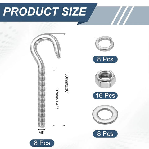 Eight M5 Stainless Steel Eye Bolts Kit With Double Nuts, Flat Washers And Spring Washers, 60mm Length, parts layout