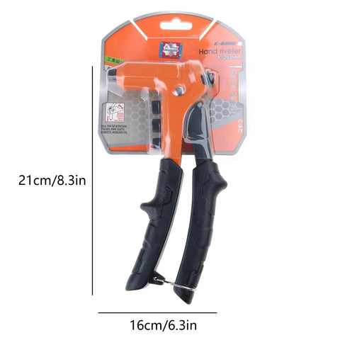 Heavy Duty Manual Pop Rivet Tool Kit With Ergonomic Rubber Coated Handle And Lockable Grip Pro Grade Drill Bit Set 3/32, 1/8, 5/32, 3/16 in packaging