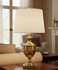 White Linen Empire Lamp Shade With Brass Spider Fitter Transitional Style 14 Inch Top 16 Inch Bottom 12 Inch Slant Height Harp Attachment