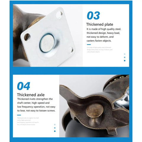 Thickened plate and axle of Ready To Roll Swivel Stem Ball Caster Wheels With Vintage Antique Brass Style. Detail of steel parts.